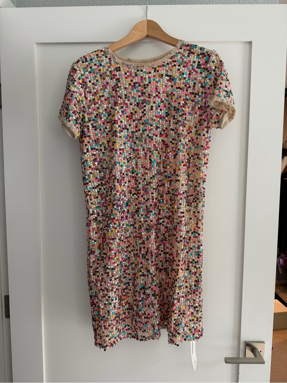 Stella Pardo -Short Sleeve Multi color Pink Sequin Shift Dress 🩵🩷🧡💙💛💜